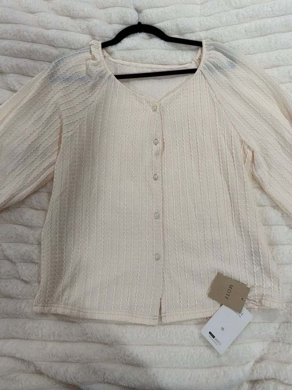 MOTF Cream Sheer Textured Puff Sleeve Button Up Blouse with Pearl Details